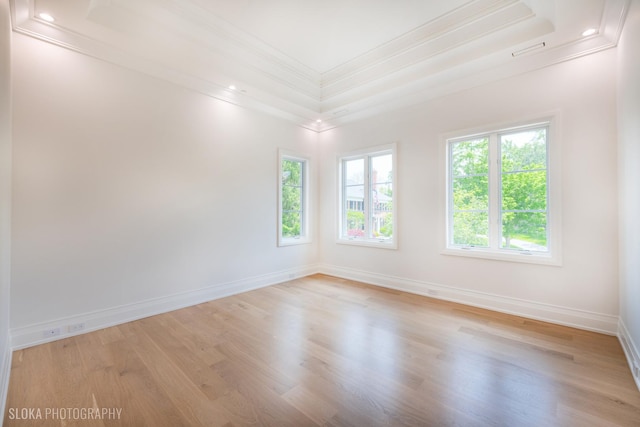 219 Lincoln Dr, Glencoe, IL 60022 - unfurnished room with crown molding, a raised ceiling, light wood-style floors, and recessed lighting