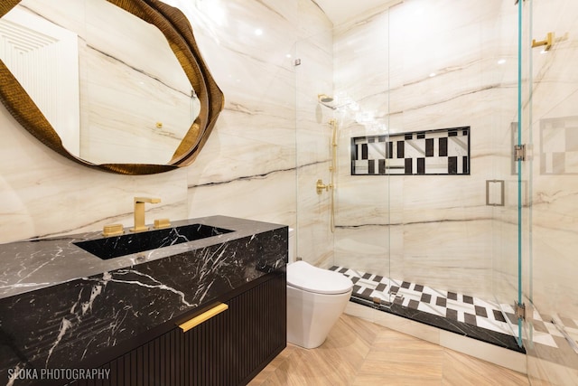 219 Lincoln Dr, Glencoe, IL 60022 - full bath featuring a marble finish shower, vanity, and tile walls