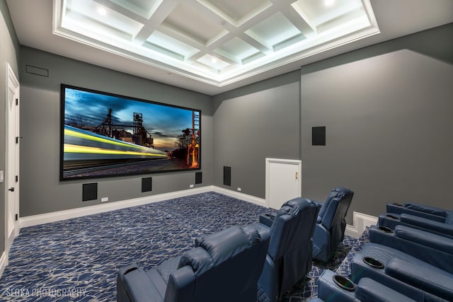 219 Lincoln Dr, Glencoe, IL 60022 - cinema room with coffered ceiling, carpet floors, and beamed ceiling