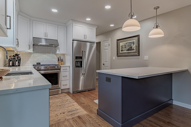 962 Thompson Blvd, Buffalo Grove, IL 60089 - kitchen featuring stainless steel appliances, under cabinet range hood, light wood finished floors, tasteful backsplash, and a peninsula