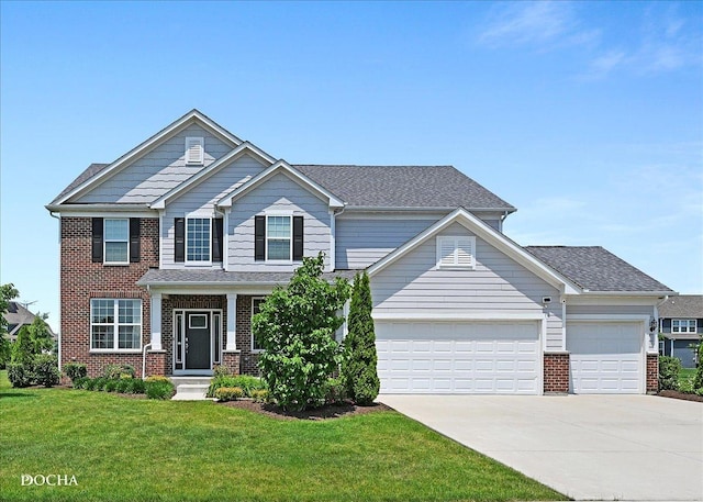 4327 Conifer Rd, Naperville, IL 60564 - craftsman inspired home with brick siding, a garage, concrete driveway, and a front yard