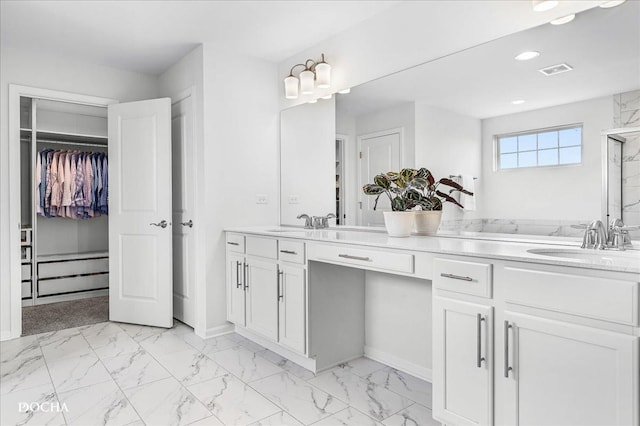 4327 Conifer Rd, Naperville, IL 60564 - bathroom with double vanity, recessed lighting, a spacious closet, marble finish floors, and a shower with shower door