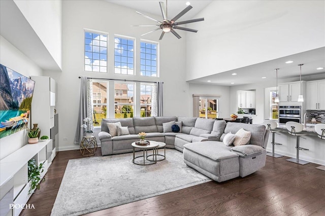 4327 Conifer Rd, Naperville, IL 60564 - living area featuring a ceiling fan, dark wood-type flooring, recessed lighting, and a high ceiling