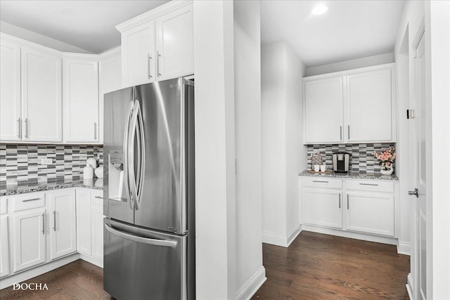 4327 Conifer Rd, Naperville, IL 60564 - kitchen with stainless steel fridge with ice dispenser, stone counters, decorative backsplash, and white cabinets