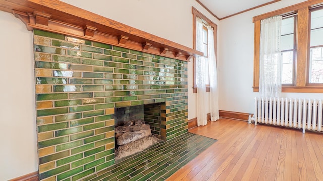 531 E Joliet St, Crown Point, IN 46307 - living room featuring radiator, ornamental molding, a fireplace, and hardwood / wood-style flooring