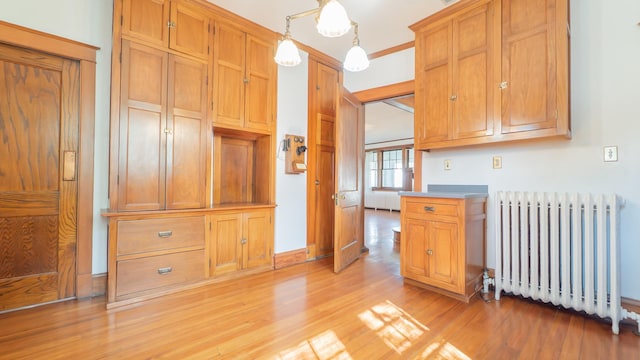 531 E Joliet St, Crown Point, IN 46307 - kitchen featuring radiator heating unit, light wood finished floors, light countertops, and brown cabinetry