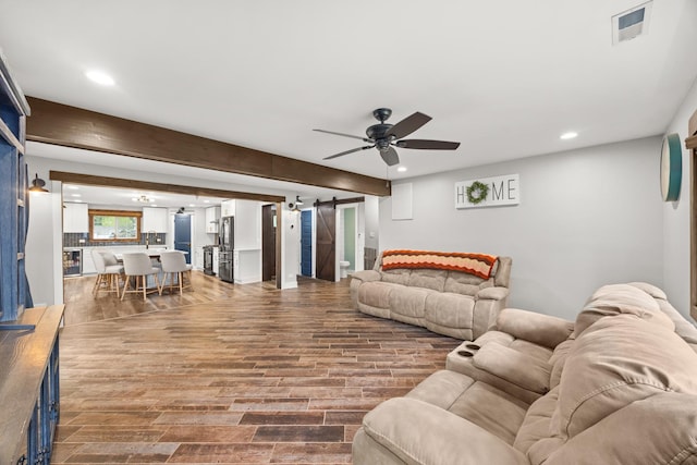 16430 S 89th Ave, Orland Park, IL 60462 - living room with a barn door, recessed lighting, a ceiling fan, and wood finished floors
