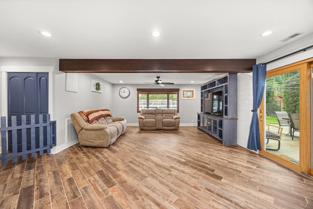 16430 S 89th Ave, Orland Park, IL 60462 - living room featuring beam ceiling, wood finished floors, recessed lighting, and ceiling fan