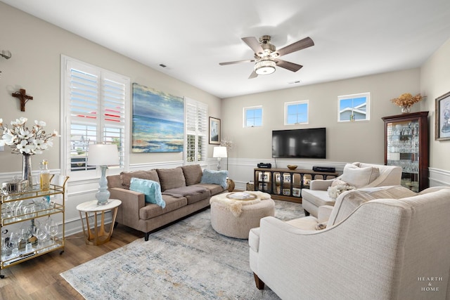 1106 Crestview Ln, Pingree Grove, IL 60140 - living room with wood finished floors, ceiling fan, and wainscoting