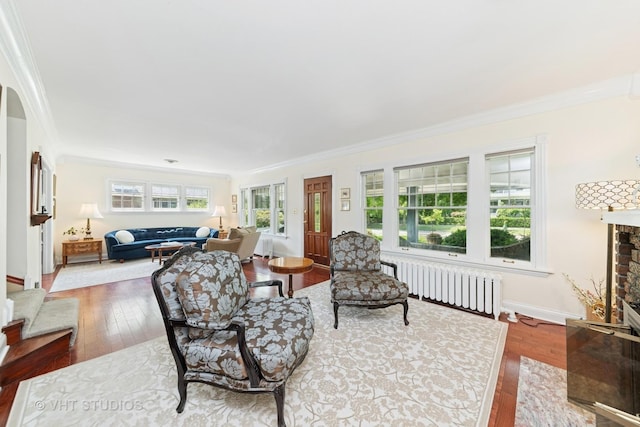 571 N Main St, Glen Ellyn, IL 60137 - living room with radiator, ornamental molding, and hardwood / wood-style flooring