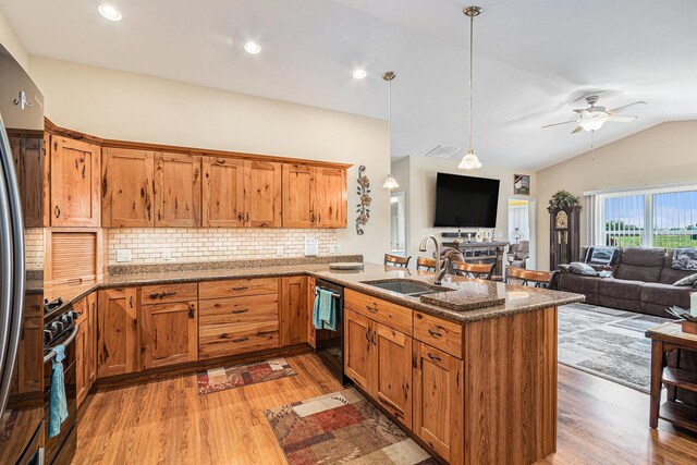 3872 Stadium St, Portage, IN 46368 - kitchen with a peninsula, light wood-style flooring, open floor plan, gas range oven, and lofted ceiling