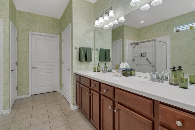 739 Pleasant Dr, Shorewood, IL 60404 - bathroom with a shower stall, double vanity, and tile patterned floors