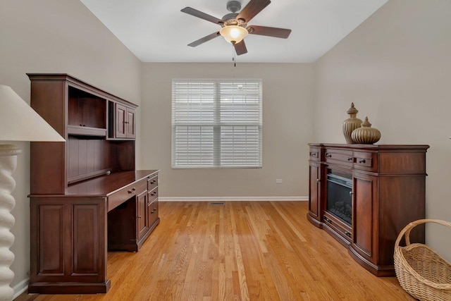 739 Pleasant Dr, Shorewood, IL 60404 - office featuring a ceiling fan and light wood finished floors