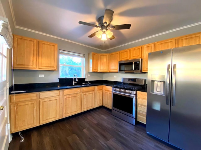2803 172nd St, Hazel Crest, IL 60429 - kitchen with appliances with stainless steel finishes, light brown cabinetry, dark wood-style floors, dark countertops, and ceiling fan