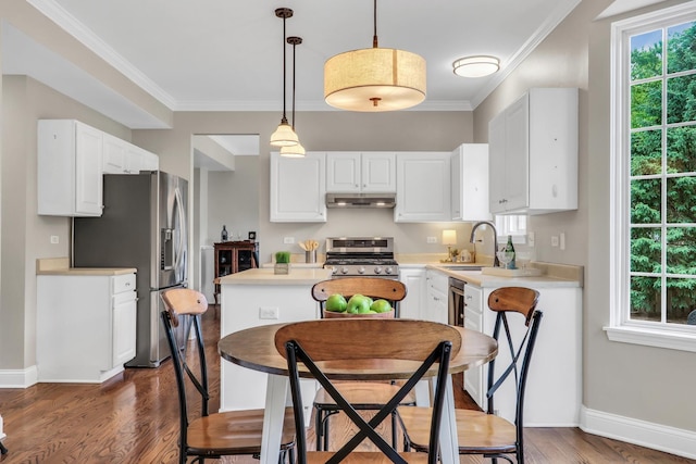 1312 Dorchester Dr, Mundelein, IL 60060 - kitchen featuring appliances with stainless steel finishes, under cabinet range hood, light countertops, wood finished floors, and ornamental molding