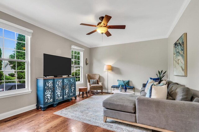 1312 Dorchester Dr, Mundelein, IL 60060 - living room with ceiling fan, crown molding, and wood finished floors
