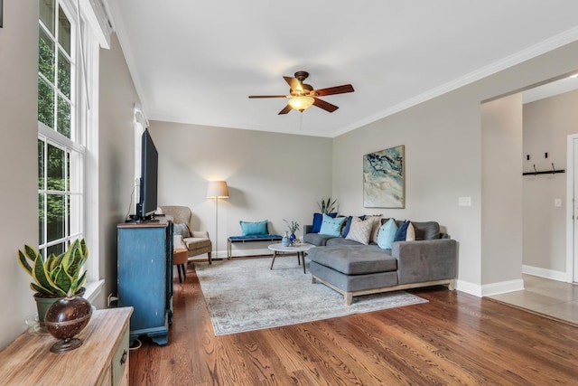 1312 Dorchester Dr, Mundelein, IL 60060 - living area featuring ceiling fan, wood finished floors, and crown molding