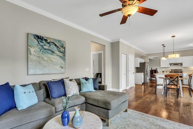 1312 Dorchester Dr, Mundelein, IL 60060 - living room featuring ornamental molding, dark wood-type flooring, and a ceiling fan
