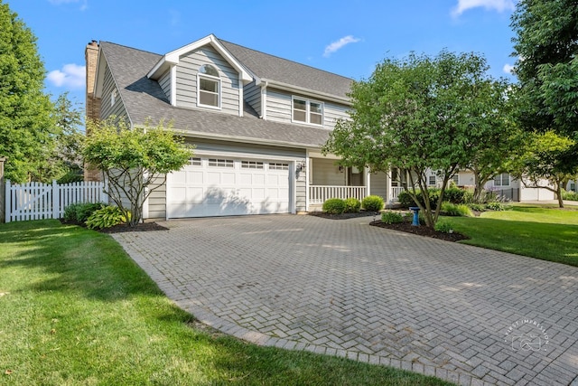 342 Dilorenzo Dr, Naperville, IL 60565 - view of front facade featuring a garage, a chimney, decorative driveway, a porch, and a shingled roof
