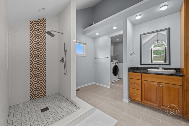 342 Dilorenzo Dr, Naperville, IL 60565 - full bathroom featuring washing machine and clothes dryer, a walk in shower, vanity, and tile patterned floors