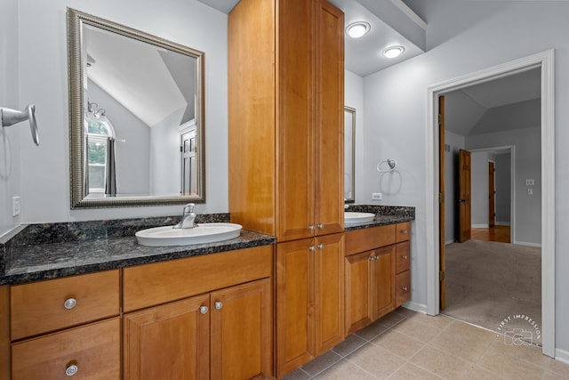 342 Dilorenzo Dr, Naperville, IL 60565 - bathroom featuring vaulted ceiling, double vanity, and tile patterned flooring
