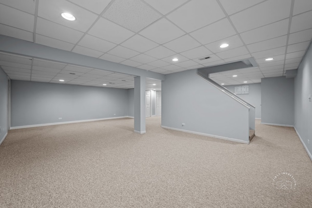 342 Dilorenzo Dr, Naperville, IL 60565 - finished below grade area with carpet flooring, a paneled ceiling, recessed lighting, and stairway
