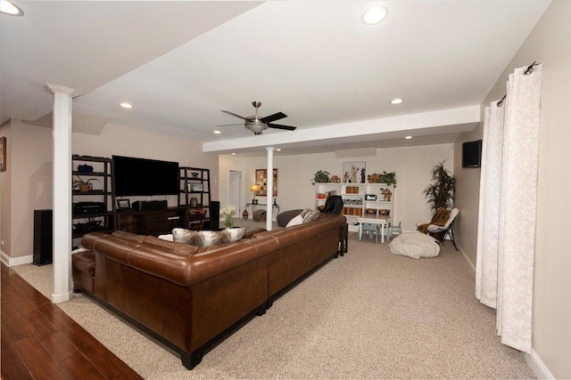 601 W Crockett Ave, Elmhurst, IL 60126 - living area with decorative columns, recessed lighting, a ceiling fan, and wood finished floors