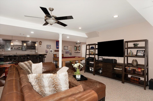 601 W Crockett Ave, Elmhurst, IL 60126 - living room with bar, light colored carpet, ceiling fan, recessed lighting, and billiards table