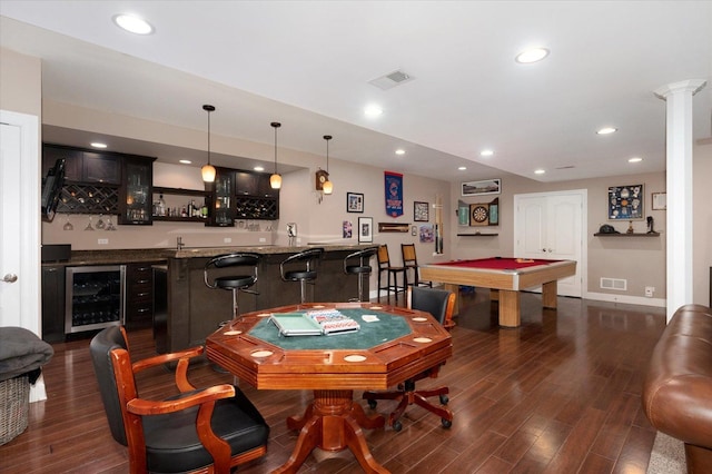 601 W Crockett Ave, Elmhurst, IL 60126 - game room featuring wet bar, beverage cooler, dark wood finished floors, billiards table, and recessed lighting