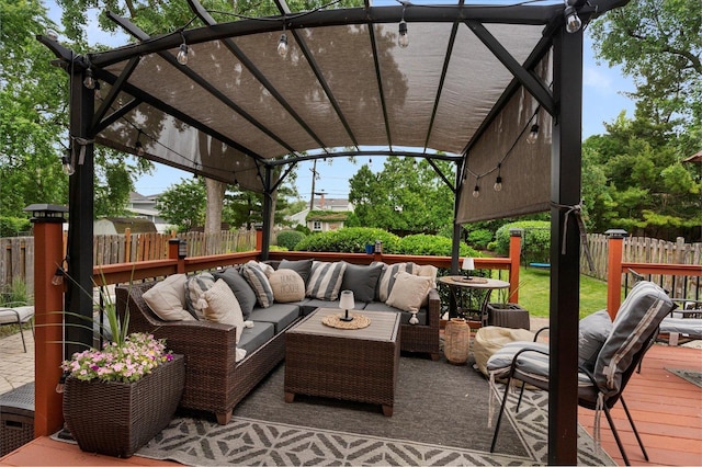 601 W Crockett Ave, Elmhurst, IL 60126 - fenced backyard featuring an outdoor hangout area, a wooden deck, and a pergola