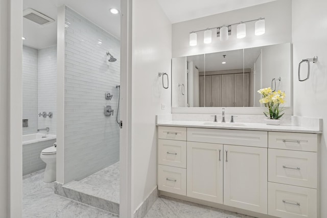 680 N Lake Shore Dr Unit 321, Chicago, IL 60611 - full bath featuring vanity, marble finish floors, a tile shower, a tub to relax in, and recessed lighting