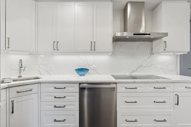 680 N Lake Shore Dr Unit 321, Chicago, IL 60611 - kitchen featuring stainless steel dishwasher, wall chimney exhaust hood, white cabinetry, black electric stovetop, and decorative backsplash