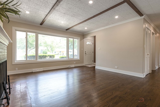 1011 Pendleton Pl, Mount Prospect, IL 60056 - unfurnished living room featuring a fireplace, dark wood finished floors, ornamental molding, and recessed lighting