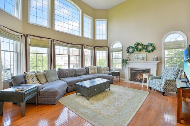40 Open Pkwy N, Hawthorn Woods, IL 60047 - living room with hardwood / wood-style floors, healthy amount of natural light, a fireplace with flush hearth, and a high ceiling