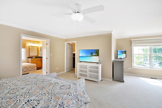 40 Open Pkwy N, Hawthorn Woods, IL 60047 - bedroom featuring ornamental molding, light carpet, ensuite bath, and a ceiling fan