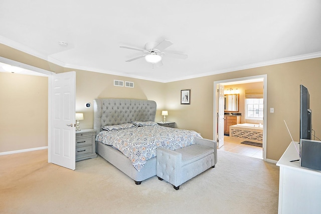 40 Open Pkwy N, Hawthorn Woods, IL 60047 - bedroom with light carpet, crown molding, ceiling fan, and connected bathroom