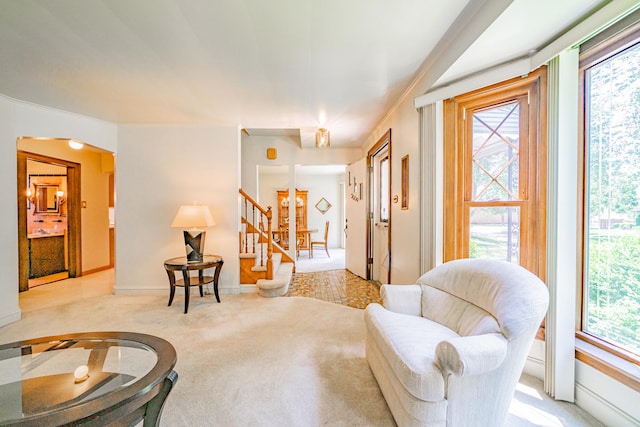 3009 N 78th Ct, Elmwood Park, IL 60707 - sitting room featuring stairway, arched walkways, and carpet flooring