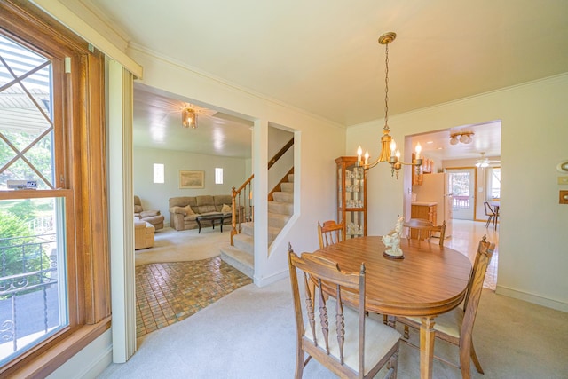 3009 N 78th Ct, Elmwood Park, IL 60707 - dining room featuring light colored carpet, stairs, a chandelier, and crown molding