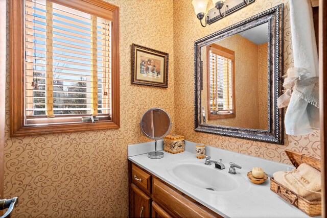 731 Queens Gate Cir, Sugar Grove, IL 60554 - bathroom with wallpapered walls and vanity