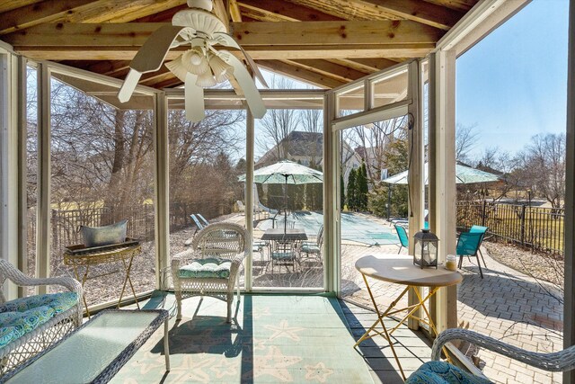 731 Queens Gate Cir, Sugar Grove, IL 60554 - sunroom featuring ceiling fan, outdoor dining space, and lofted ceiling