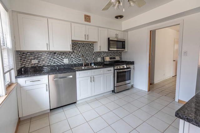 7356 N Nora Ave, Niles, IL 60714 - kitchen featuring appliances with stainless steel finishes, a ceiling fan, tasteful backsplash, and white cabinetry