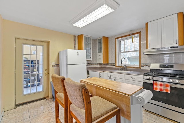 3609 S Leavitt St, Chicago, IL 60609 - kitchen with stainless steel gas range, under cabinet range hood, freestanding refrigerator, and white cabinets