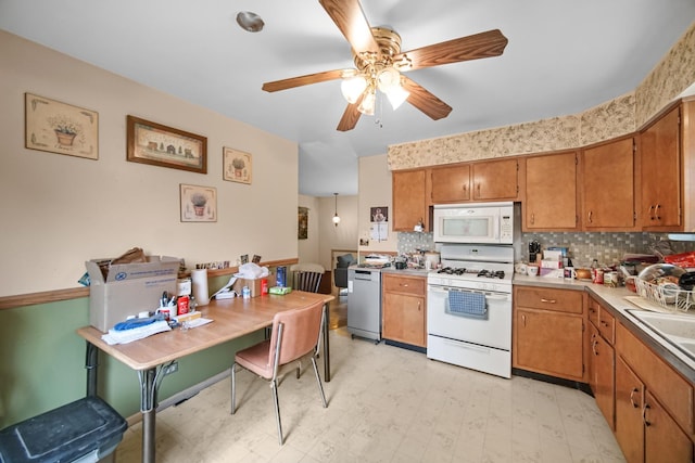 5826 Edward Dr, Oak Forest, IL 60452 - kitchen featuring white appliances, decorative backsplash, a ceiling fan, and brown cabinets