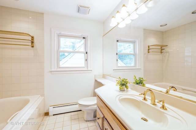 214 S Belmont Ave, Arlington Heights, IL 60005 - bathroom featuring baseboard heating, vanity, healthy amount of natural light, and tile patterned flooring