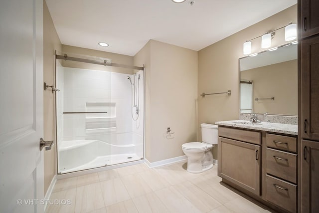2150 Founders Dr Unit P109, Northbrook, IL 60062 - bathroom with a shower stall, vanity, tile patterned floors, and recessed lighting
