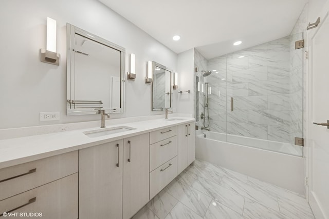 1140 Old Mill Rd Unit 505F, Hinsdale, IL 60521 - bathroom with enclosed tub / shower combo, double vanity, recessed lighting, and marble finish floors