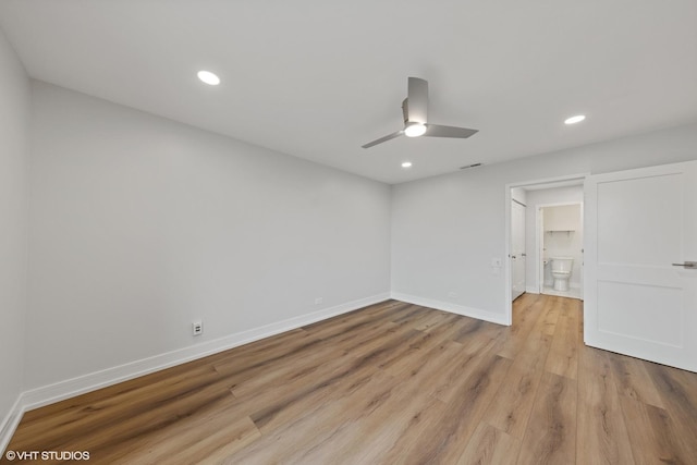 1140 Old Mill Rd Unit 505F, Hinsdale, IL 60521 - unfurnished bedroom featuring light wood-type flooring, recessed lighting, a ceiling fan, and connected bathroom