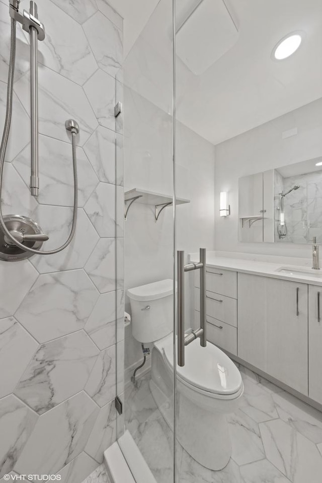 1140 Old Mill Rd Unit 505F, Hinsdale, IL 60521 - bathroom featuring marble look tile flooring, a marble finish shower, vanity, and recessed lighting