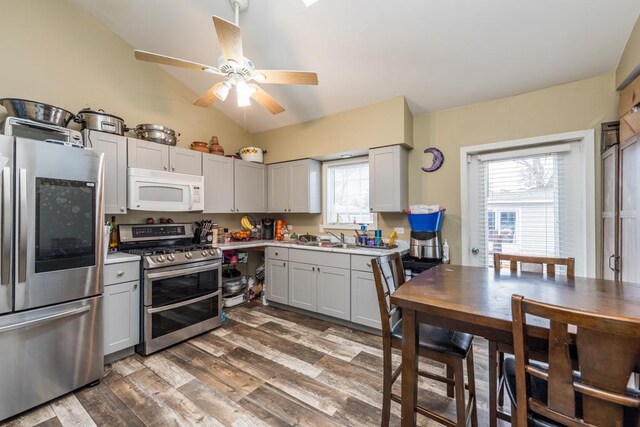 42478 N Lake Ave, Antioch, IL 60002 - kitchen featuring stainless steel appliances, wood finished floors, ceiling fan, vaulted ceiling, and light countertops