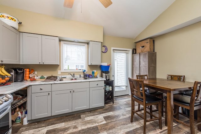 42478 N Lake Ave, Antioch, IL 60002 - kitchen with wood finished floors, vaulted ceiling, stainless steel range oven, light countertops, and ceiling fan